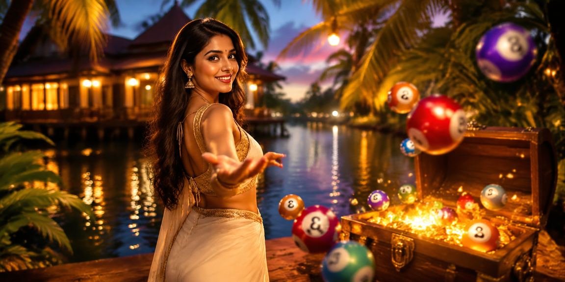 Kerala beach scene with lottery ticket buyers in Indian traditional wear