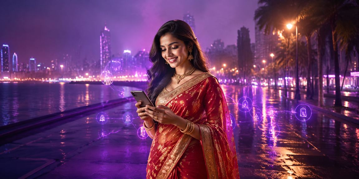 Mobile payment transaction in Mumbai with traditional attire